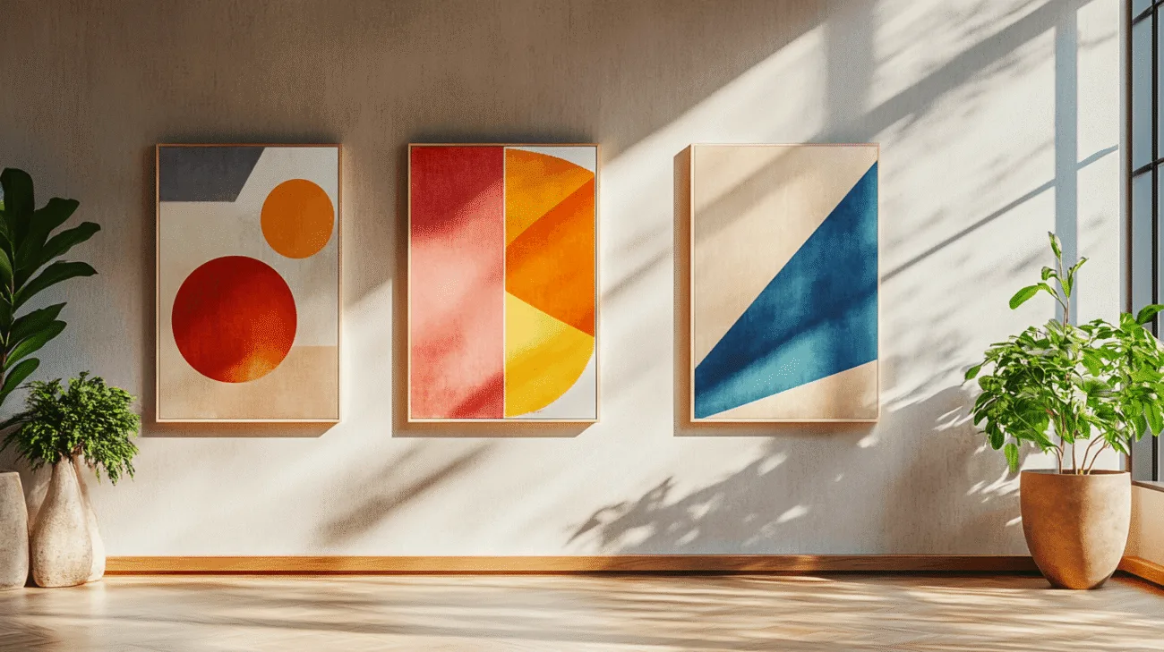 Grand tableau abstrait accroché dans un salon lumineux
